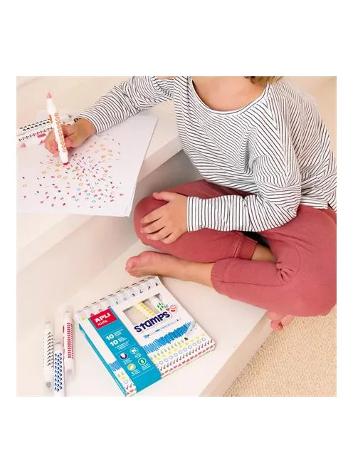 APLI Filctoll készlet, nyomda, APLI Kids "Markers Duo Stamps", 10 különböző szín és minta