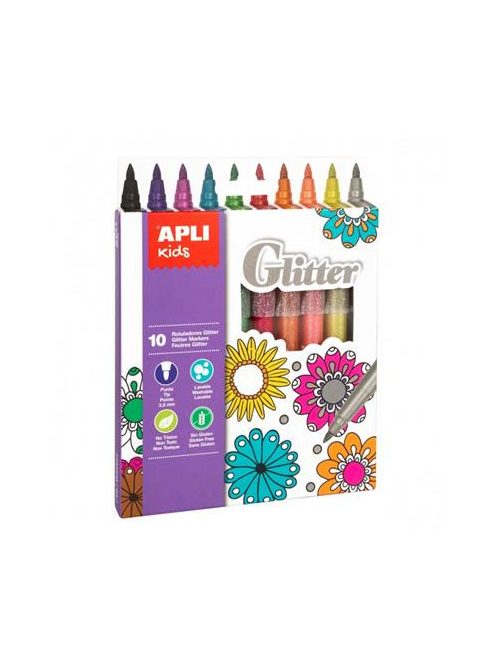 APLI Filctoll készlet, 3,8 mm, csillámos, APLI Kids "Markers Glitter", 10 különböző szín