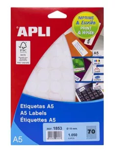   APLI Etikett, 19 mm kör, fehér, A5 hordozón, APLI, 1050 etikett/csomag