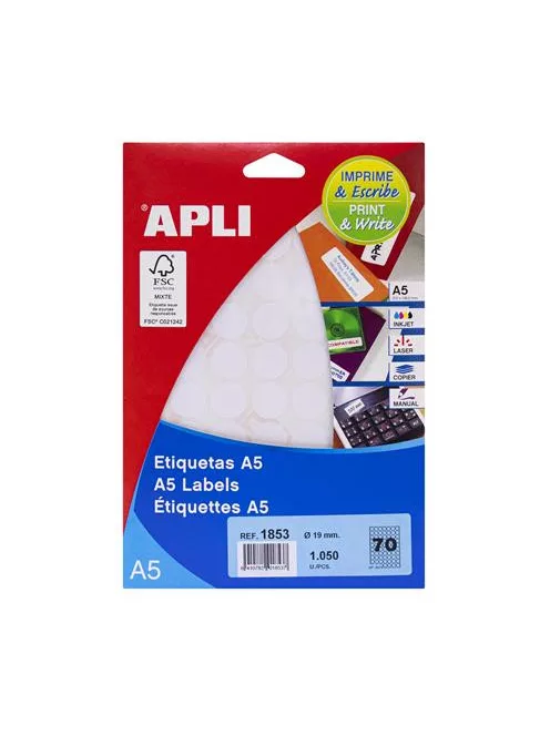 APLI Etikett, 19 mm kör, fehér, A5 hordozón, APLI, 1050 etikett/csomag