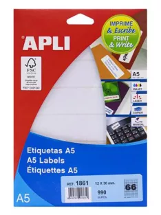   APLI Etikett, 12x30 mm, kerekített sarkú, A5 hordozón, APLI, 990 etikett/csomag