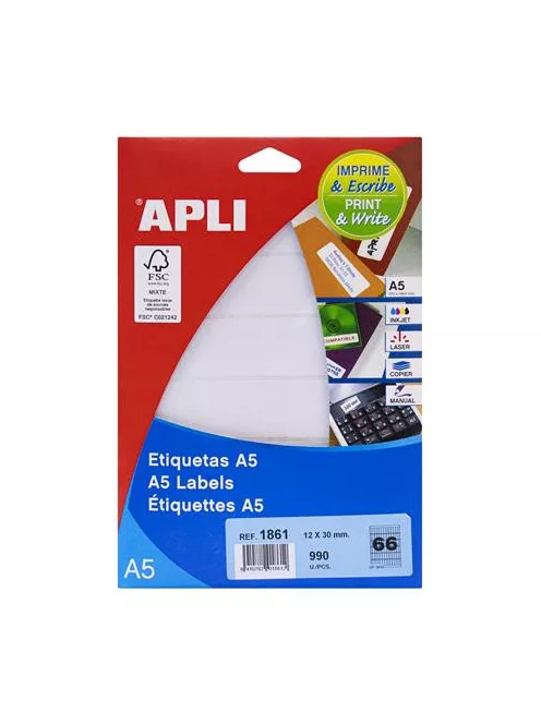 APLI Etikett, 12x30 mm, kerekített sarkú, A5 hordozón, APLI, 990 etikett/csomag