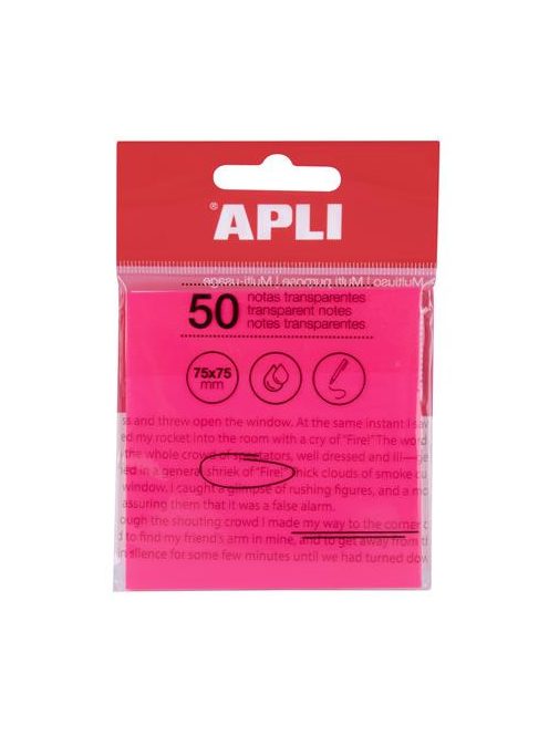 APLI Öntapadó jegyzettömb, átlátszó, vízálló, 75x75 mm, 50 lap, APLI, rózsaszín