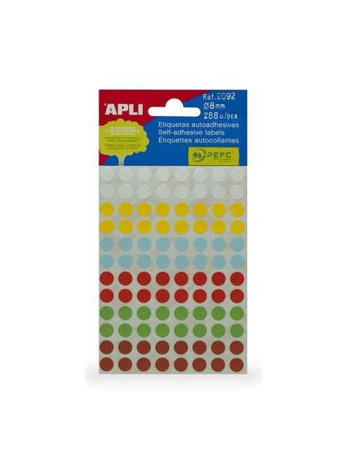 APLI Etikett, 8 mm, kör, kézzel írható, színes, APLI, vegyes színek, 288 etikett/csomag