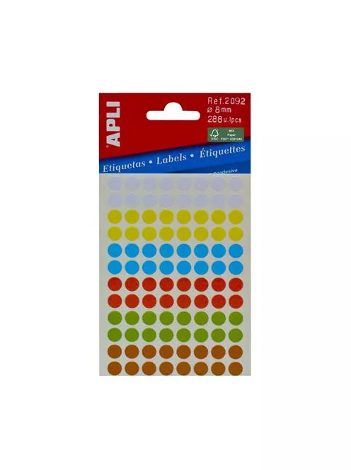 APLI Etikett, 8 mm, kör, kézzel írható, színes, APLI, vegyes színek, 288 etikett/csomag