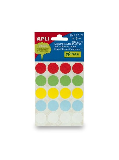 APLI Etikett, 19 mm kör, kézzel írható, színes, APLI, vegyes színek, 100 etikett/csomag