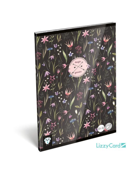 Lizzy Card virágos tűzött füzet A/5, 32 lap sima, Magic Garden, fekete