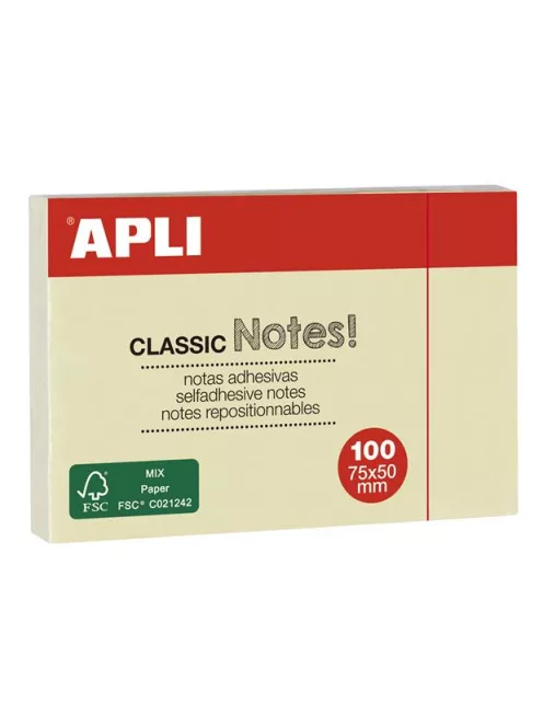 APLI Öntapadó jegyzettömb, 50x75 mm, 100 lap, APLI "Classic", sárga