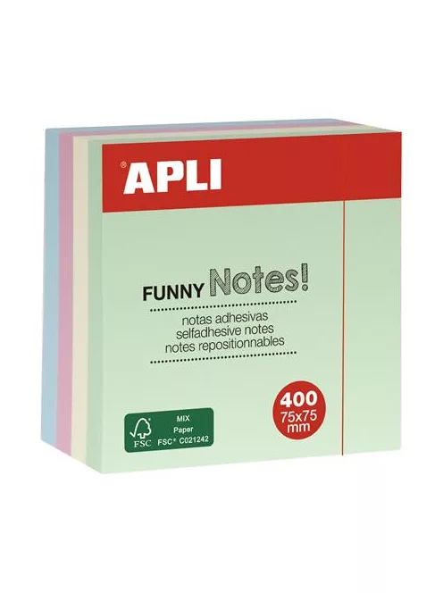 APLI Öntapadó jegyzettömb, 75x75 mm, 400 lap, APLI "Funny", pasztell