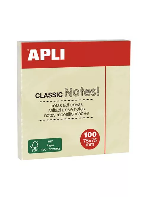 APLI Öntapadó jegyzettömb, 75x75 mm, 100 lap, APLI "Classic", sárga