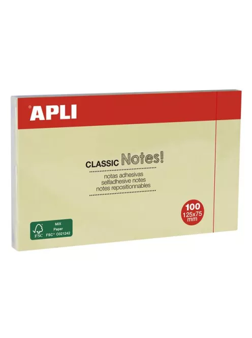 APLI Öntapadó jegyzettömb, 125x75 mm, 100 lap, APLI "Classic", sárga