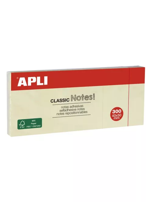 APLI Öntapadó jegyzettömb, 40x50 mm, 3x100 lap, APLI "Classic", sárga