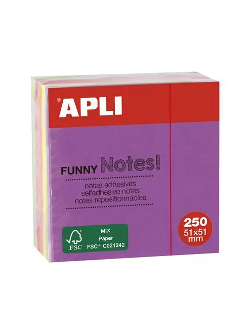 APLI Öntapadó jegyzettömb, 51x51 mm, 250 lap, APLI "Funny", neon