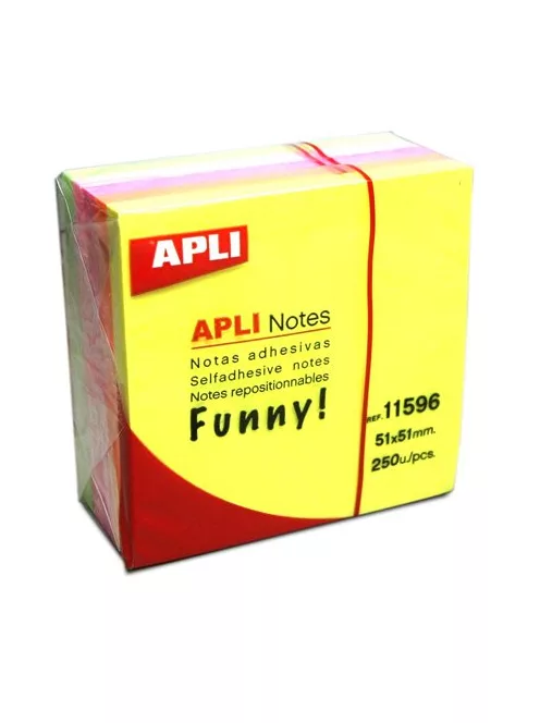 APLI Öntapadó jegyzettömb, 51x51 mm, 250 lap, APLI "Funny", neon