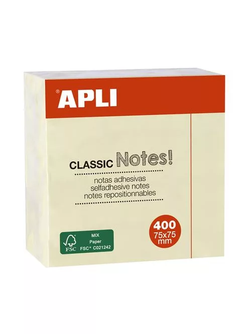 APLI Öntapadó jegyzettömb, 75x75 mm, 400 lap, APLI "Classic", sárga