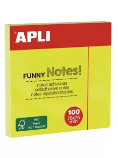  APLI Öntapadó jegyzettömb, 75x75 mm, 100 lap, APLI "Funny", neon sárga