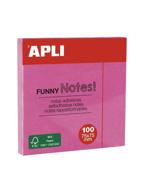 APLI Öntapadó jegyzettömb, 75x75 mm, 100 lap, APLI "Funny", neon rózsaszín