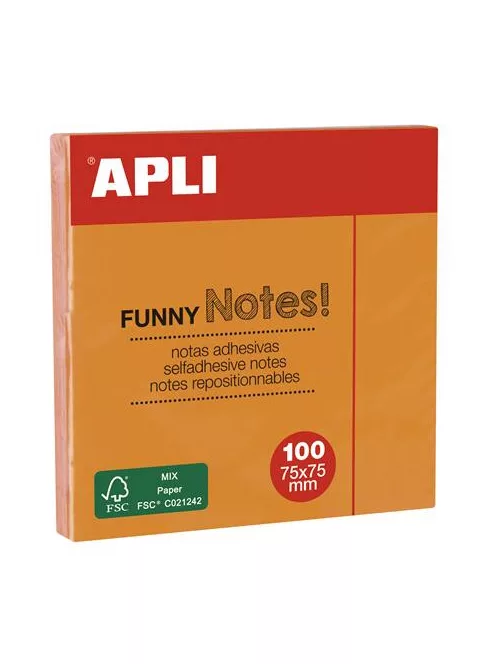 APLI Öntapadó jegyzettömb, 75x75 mm, 100 lap, APLI "Funny", neon narancs