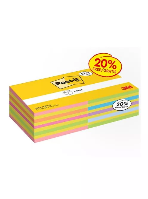 3M POSTIT Öntapadó jegyzettömb, 76x76 mm, 2x450 lap, 3M POSTIT,  vegyes színek