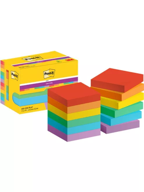 3M POSTIT Öntapadó jegyzettömb, 48x48 mm, 12x90 lap, 3M POSTIT "Super Sticky Playful", vegyes színek