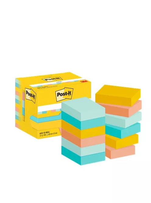 3M POSTIT Öntapadó jegyzettömb, 38x51 mm, 12x100 lap, 3M POSTIT "Beachside", vegyes színek