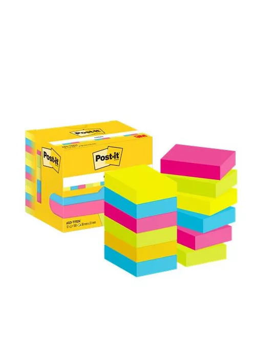3M POSTIT Öntapadó jegyzettömb, 38x51 mm, 12x100 lap, 3M POSTIT "Energetic", vegyes színek