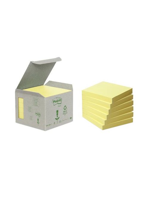 3M POSTIT Öntapadó jegyzettömb, 76x76 mm, 6x100 lap, környezetbarát, 3M POSTIT, sárga