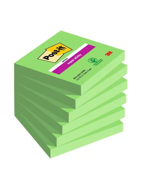 3M POSTIT Öntapadó jegyzettömb, 76x76 mm, 6x90 lap, 3M POSTIT "Super Sticky", zöld