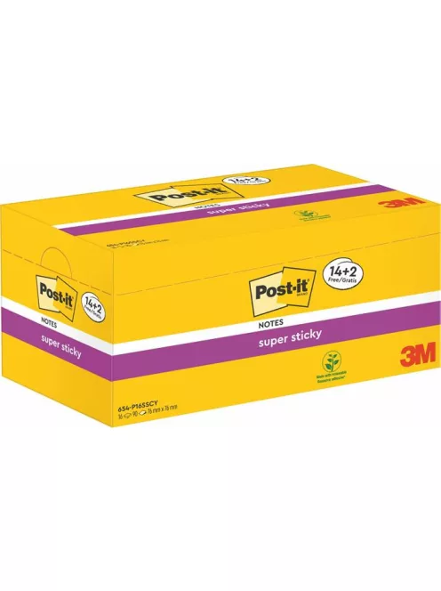 3M POSTIT Öntapadó jegyzettömb csomag, 76x76 mm, 16x90 lap, 3M POSTIT "Super Sticky", kanárisárga
