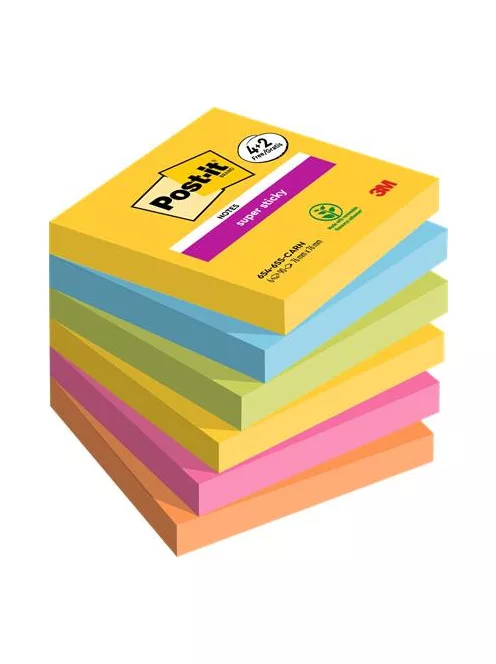 3M POSTIT Öntapadó jegyzettömb, 76x76 mm, 6x90 lap, 3M POSTIT "Super Sticky", "Carnival", vegyes színek