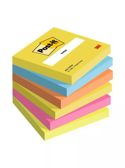 3M POSTIT Öntapadó jegyzettömb, 76x76 mm, 6x100 lap, 3M POSTIT "Energetic", vegyes színek