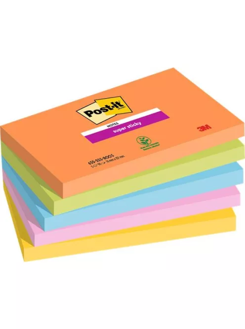3M POSTIT Öntapadó jegyzettömb, 76x127 mm, 5x90 lap, 3M POSTIT "Super Sticky Boots", vegyes színek