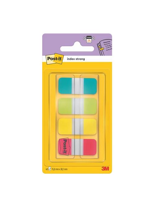 3M POSTIT Jelölőcímke, műanyag, megerősített, 4x10 lap, 16x38 mm, 3M POSTIT, vegyes színek