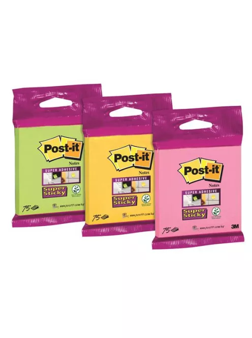 3M POSTIT Öntapadó jegyzettömb, 76×76 mm, 75 lap, 3M POSTIT "Super Sticky", vegyes