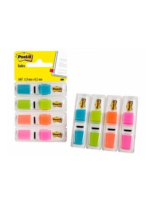 3M POSTIT Jelölőcímke adagolóban, műanyag, 4x35 lap, 12x43 mm, 3M POSTIT, élénk színek