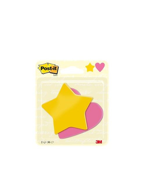 3M POSTIT Öntapadó jegyzettömb, szív és csillag forma, 70x72 mm, 2x30 lap, sárga és rózsaszín
