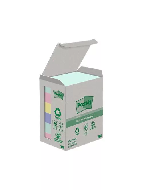 3M POSTIT Öntapadó jegyzettömb, 38x51 mm, 6x100 lap, környezetbarát, 3M POSTIT "Nature", vegyes pasztell színek