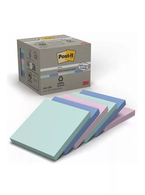 3M POSTIT Öntapadó jegyzettömb, 76x76 mm, 6x100 lap, környezetbarát, 3M POSTIT "Nature", vegyes pasztell színek