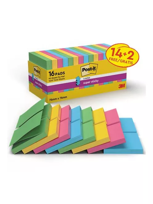 3M POSTIT Öntapadó jegyzettömb csomag, "Z", 76x76 mm, 16x90 lap, 3M POSTIT, "Super Sticky", vegyes