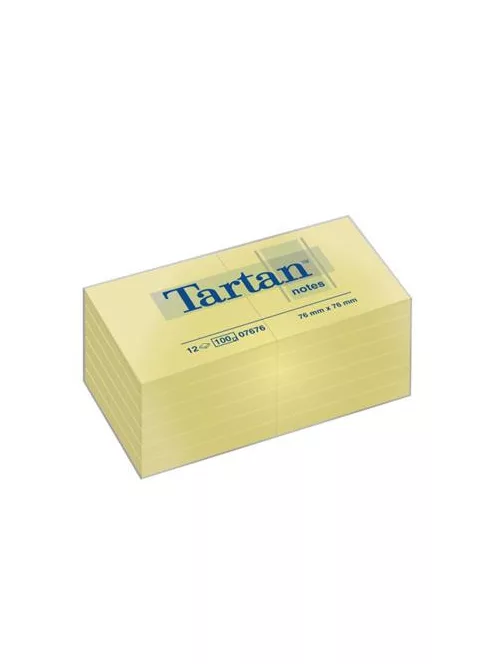 TARTAN Öntapadó jegyzettömb, 76x76 mm, 100 lap, 12 tömb/cs, TARTAN, sárga