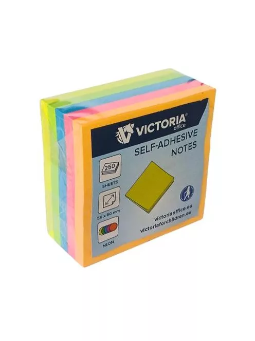 VICTORIA OFFICE Öntapadó jegyzettömb, 50x50 mm, 250 lap, VICTORIA OFFICE, neon