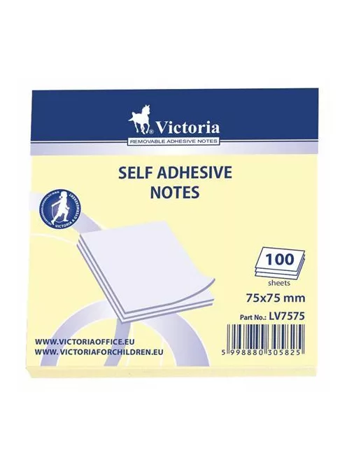 VICTORIA OFFICE Öntapadó jegyzettömb, 75x75 mm, 100 lap, VICTORIA OFFICE, sárga