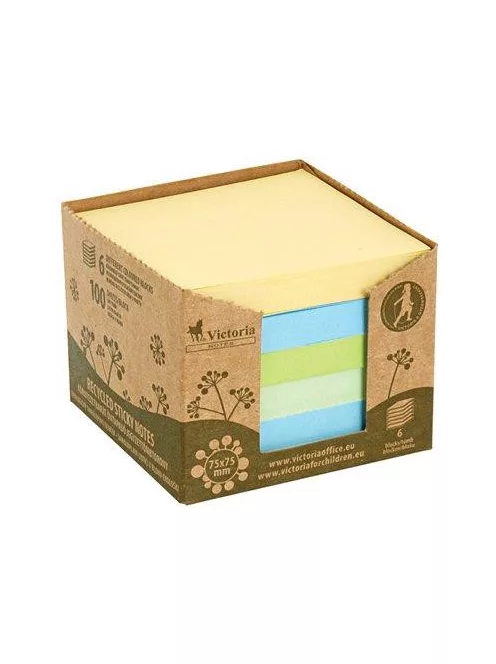 VICTORIA OFFICE Öntapadó jegyzettömbtorony, 75x75 mm, 6x100 lap, környezetbarát, VICTORIA OFFICE, "Green", vegyes