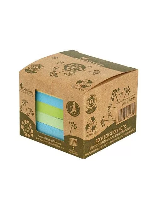 VICTORIA OFFICE Öntapadó jegyzettömbtorony, 75x75 mm, 6x100 lap, környezetbarát, VICTORIA OFFICE, "Green", vegyes
