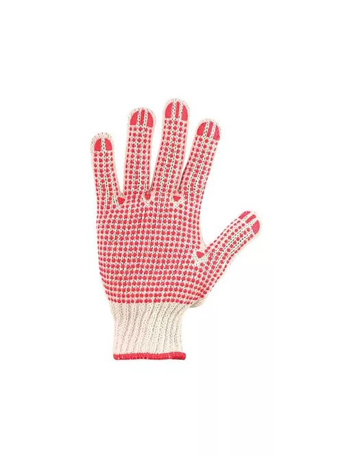 Védőkesztyű, kötött, csúszásgátló pöttyökkel, 7 méret, fehér/piros