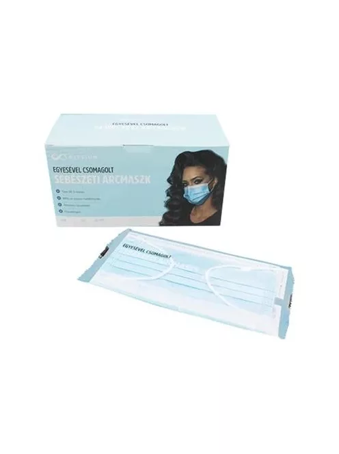 Papírmaszk, egyesével csomagolt, háromrétegű, gumis, 50 db, kék