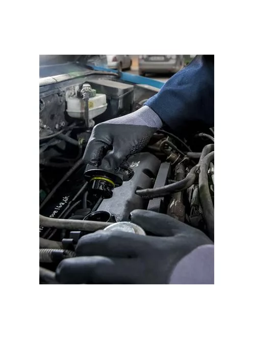 Védőkesztyű, nylon, nitrilhab, L méret "DermiFlex Ultra Plus", szürke-fekete