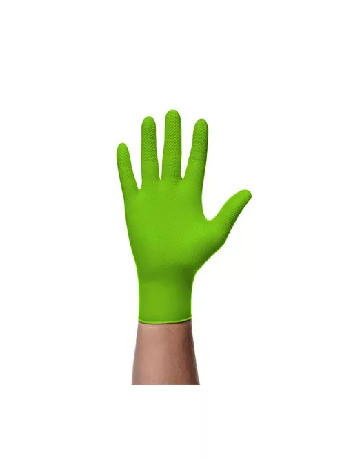 Védőkesztyű, egyszer használatos, nitril, L méret, 50 db, púder nélküli, gyémánt textúrált megerősített, zöld