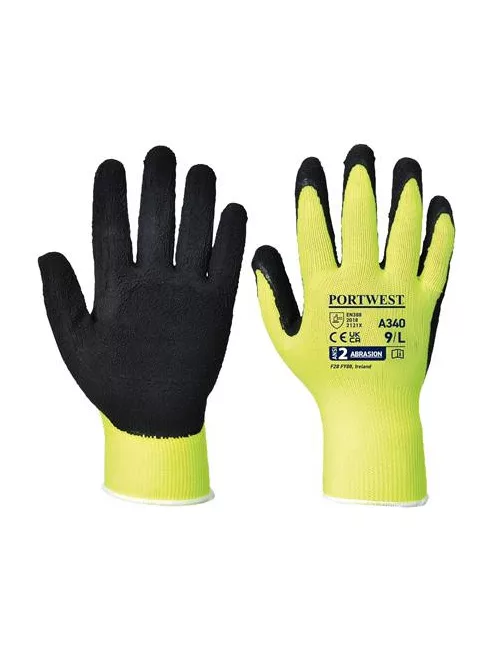 Védőkesztyű, nylon, latexhab, tenyerén mártott, M méret "Hi-Vis Grip", sárga