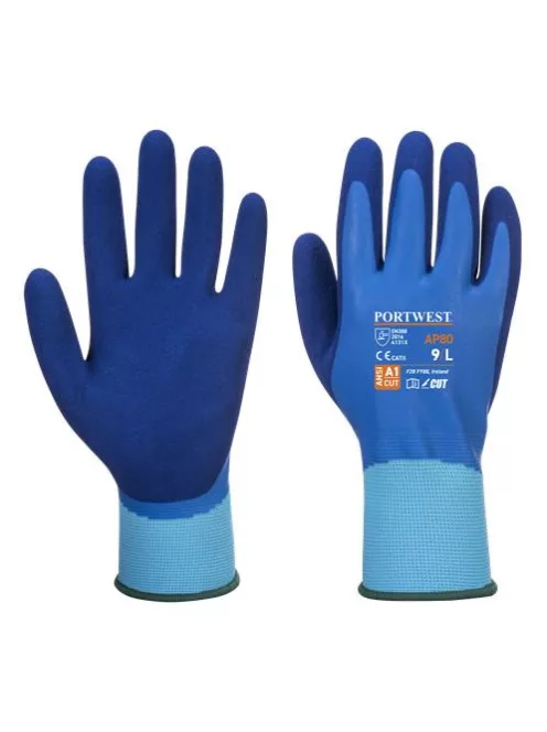 Védőkesztyű, latex, latexhab, tenyerén mártott, M méret "Liquid Pro", kék